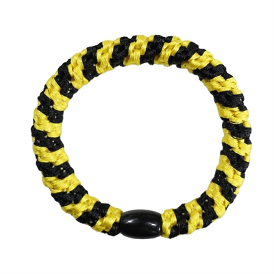 Flettet hårelastik i gul og sort med perle i midten